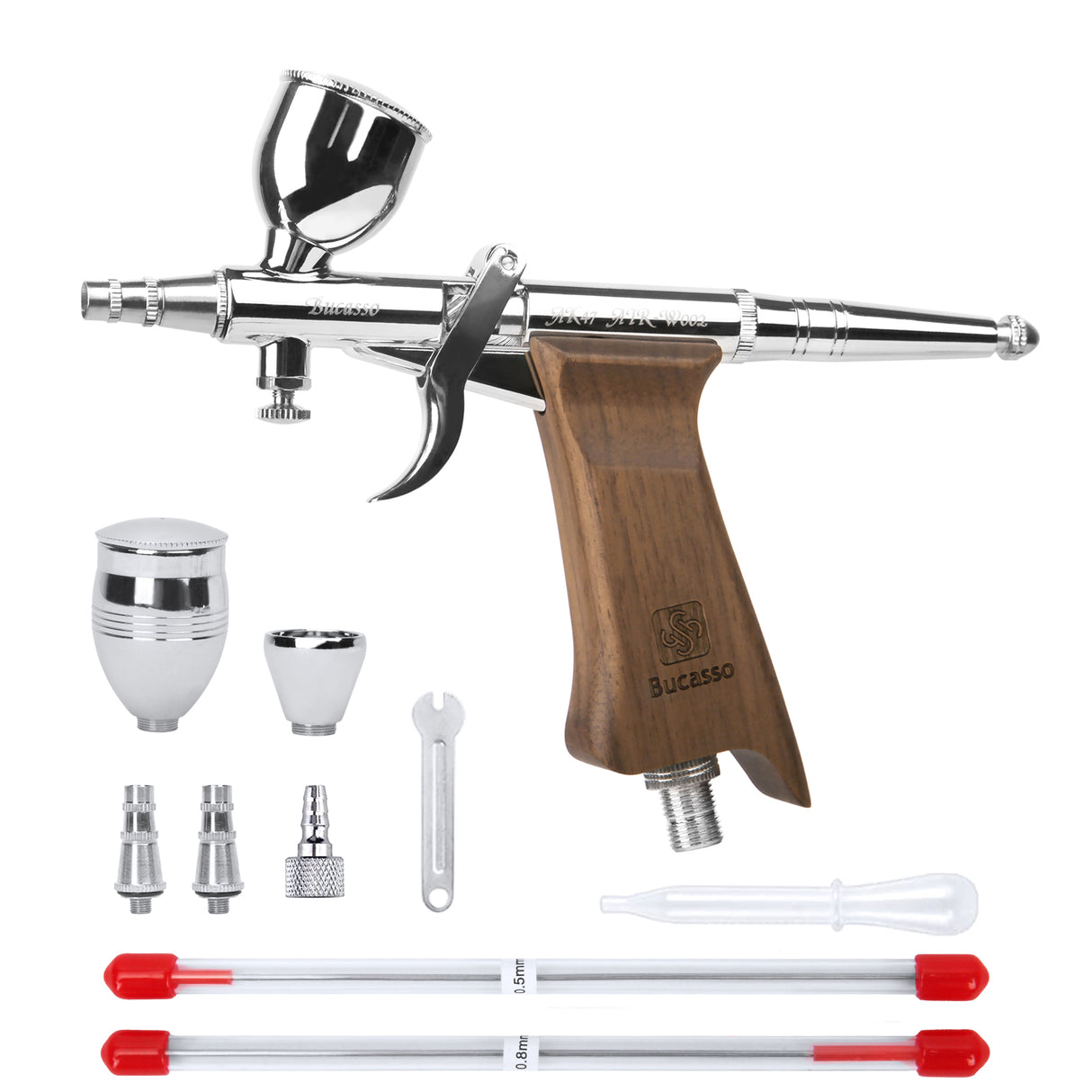 Bucasso Airbrush Kit, Air Brush Spray Gun with 0.3mm/0.5mm/0.8mm Needles/Nozzle Sets, 3cc/7cc/11cc Replaceable Fluid Cup for Painting Model Nails Cake Tattoo Makeup (Walnut)